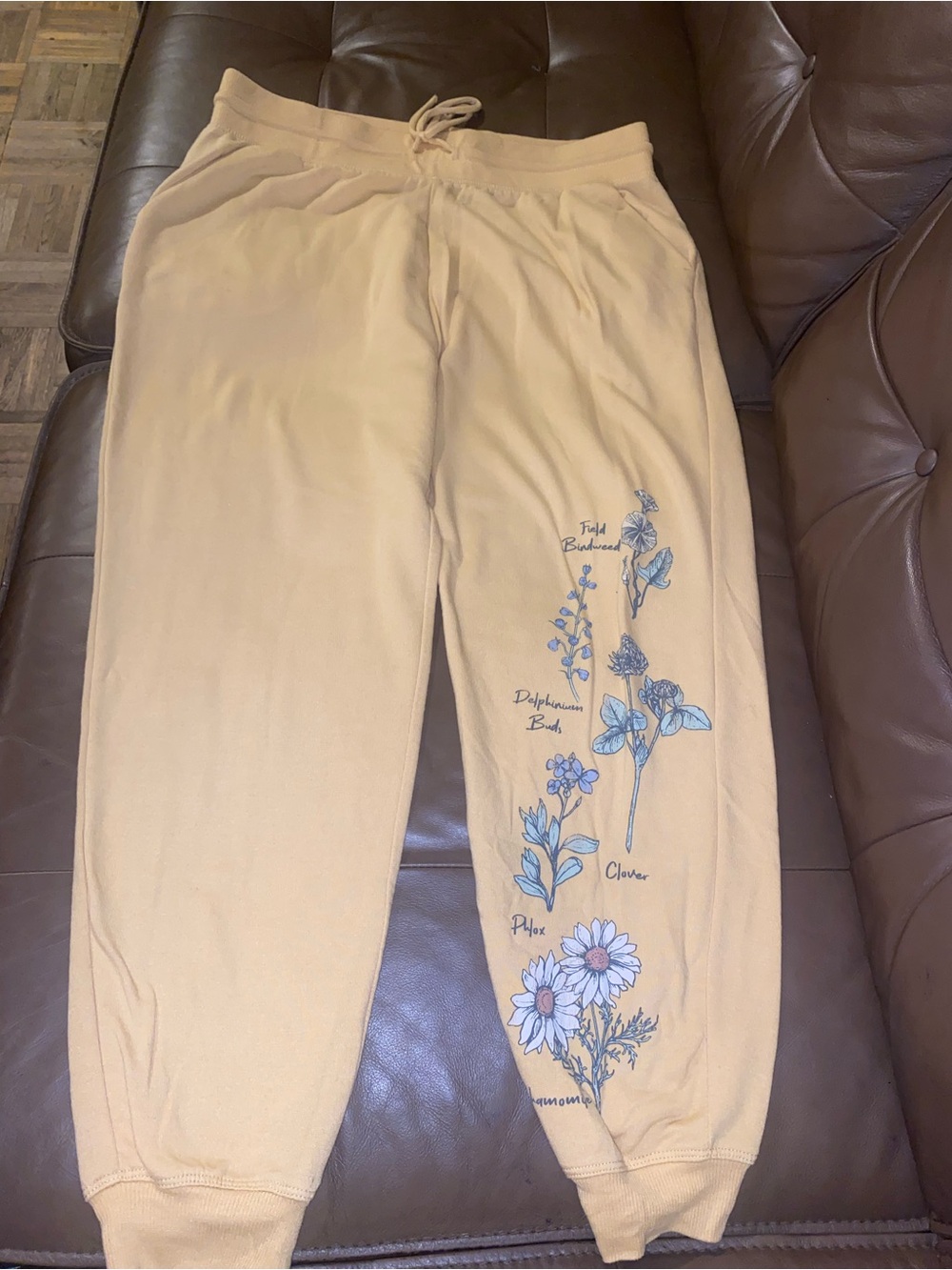 Zoe + Liv Mustard Joggers with Blue Botanical Graphic